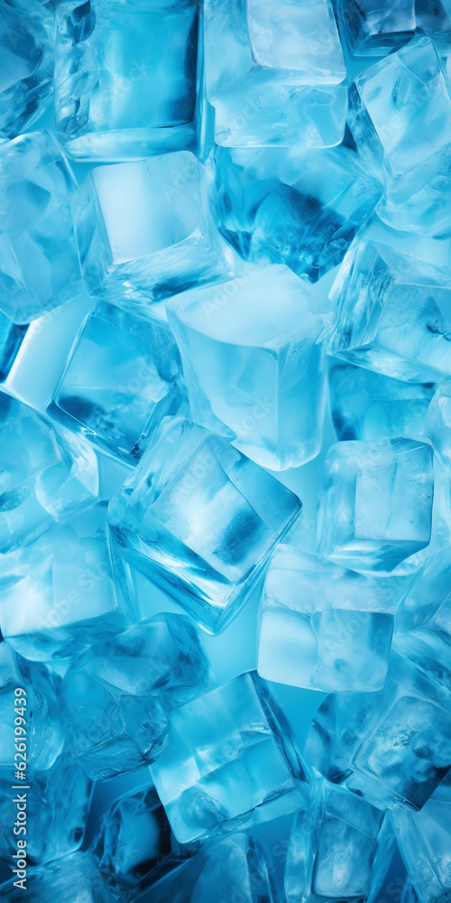 Ice cubes bluish background. Frozen water. Cold fresh concept. Generative AI