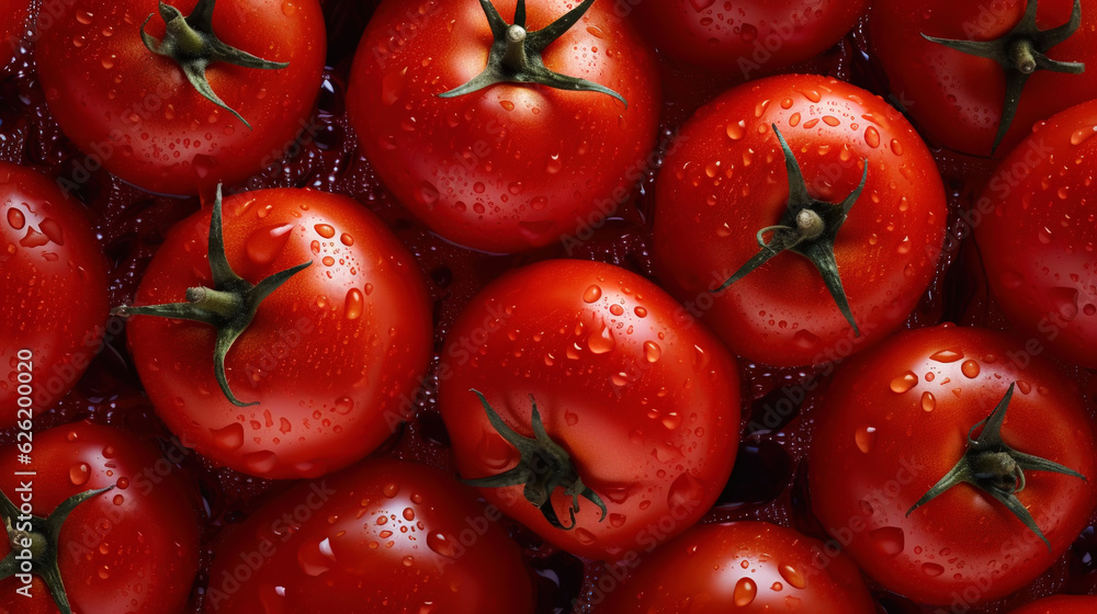 Fresh red tomatoes with water drops background. Vegetables backdrop. Generative AI