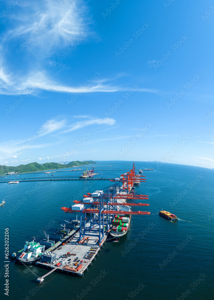 Cargo container Ship running on Bridge Cargo Shipyard. Container ship under the crane Sea Port servi