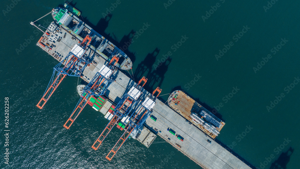 Cargo container Ship running on Bridge Cargo Shipyard. Container ship under the crane Sea Port servi