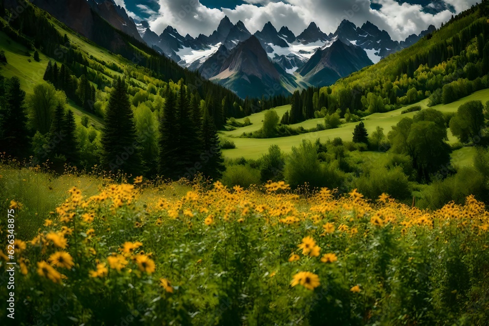 Alpine meadow in the mountains. Beautiful mountains and meadow view.