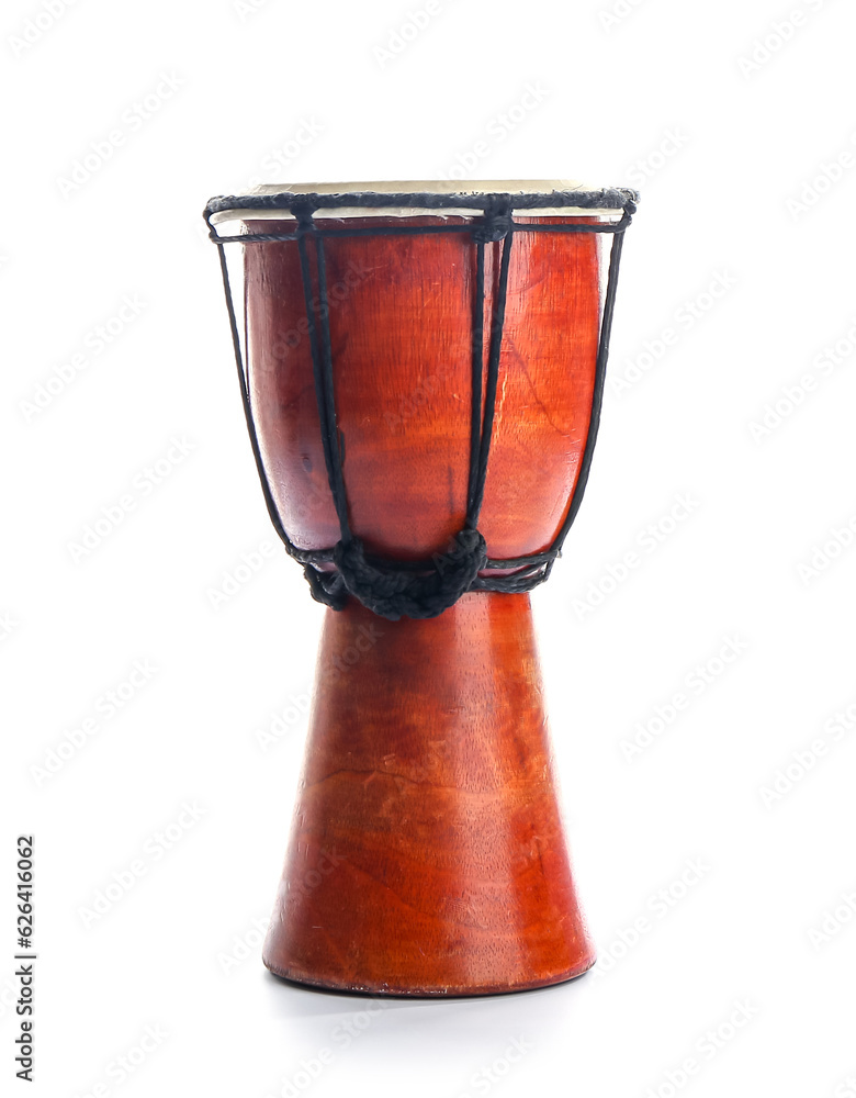 Little wooden djembe on white background