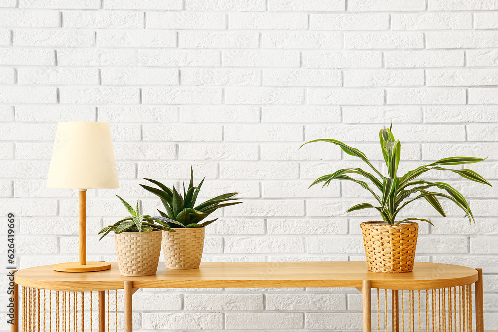 Green houseplants with lamp on table near white brick wall