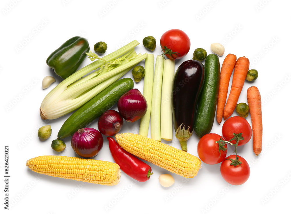 Composition with fresh vegetables on white background. Healthy food concept