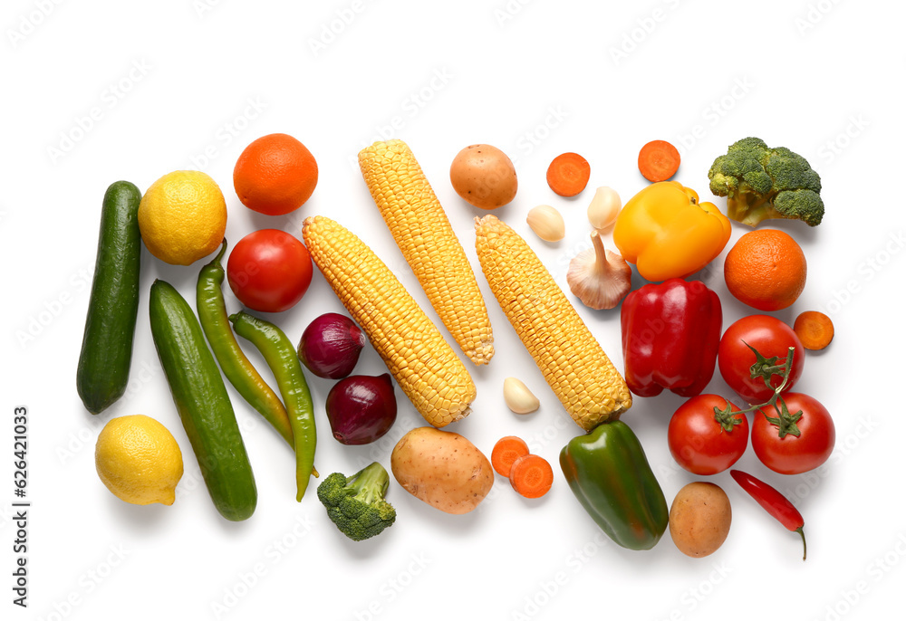 Composition with fresh vegetables and fruits on white background