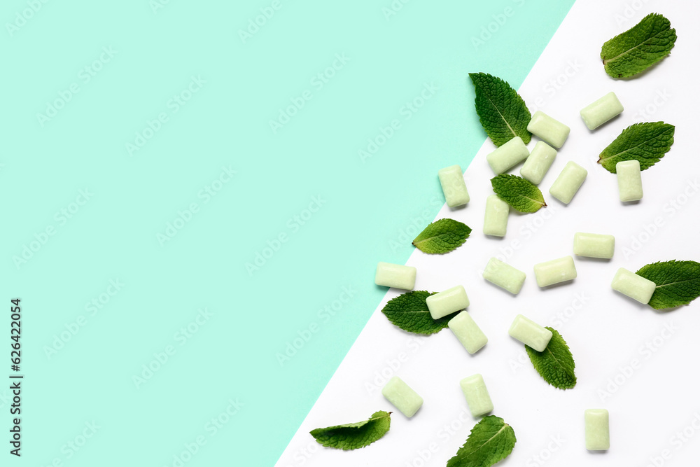 Fresh chewing gums with mint on colorful background