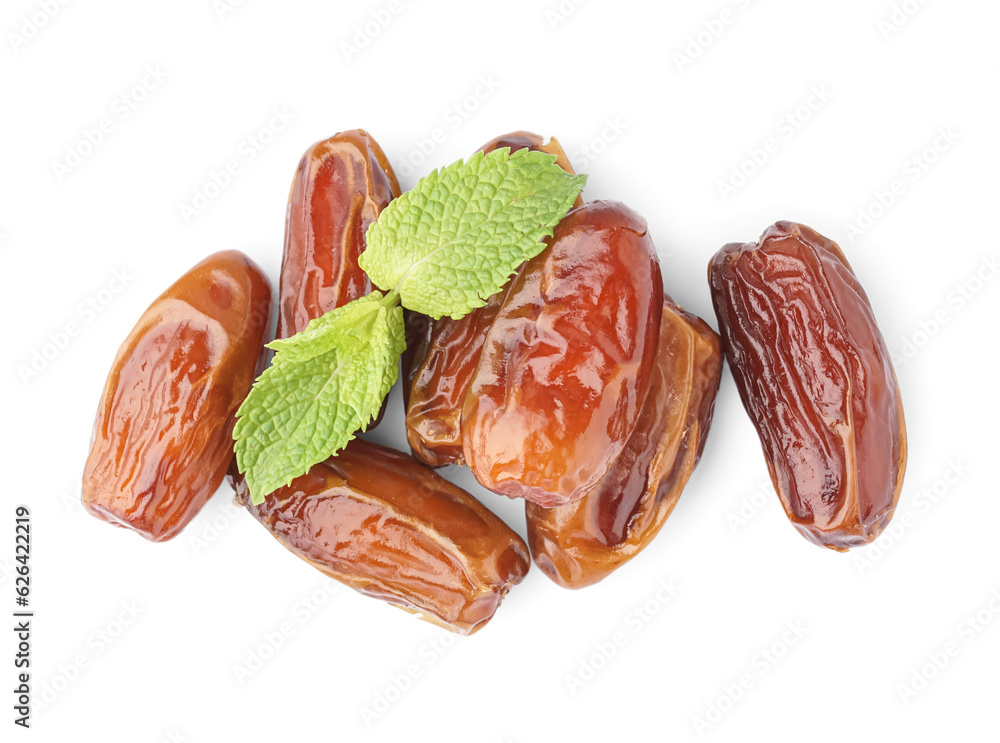 Heap of dried dates on white background