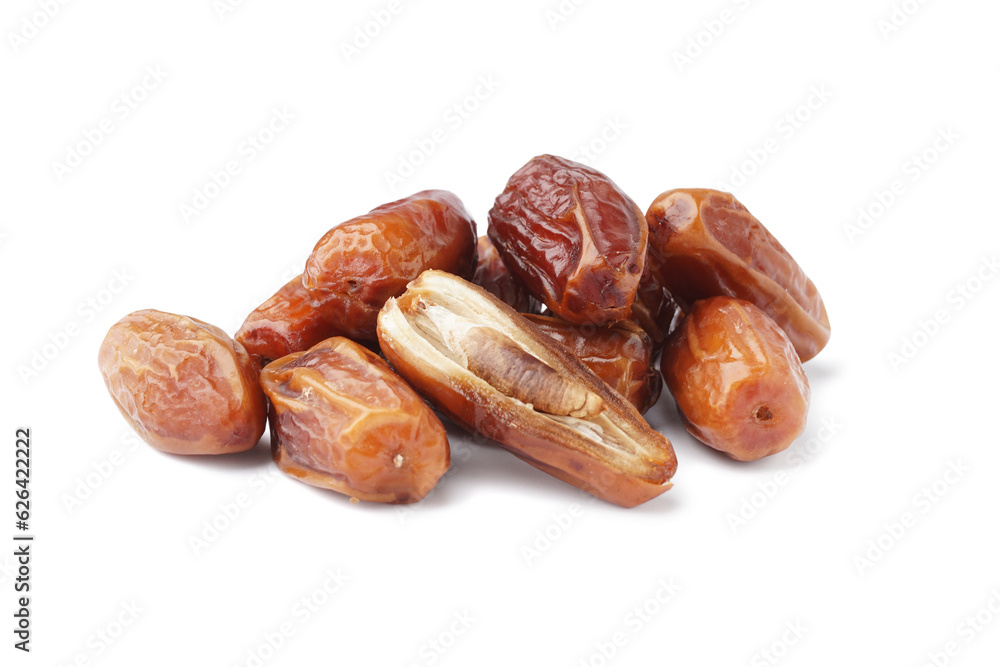 Heap of dried dates on white background