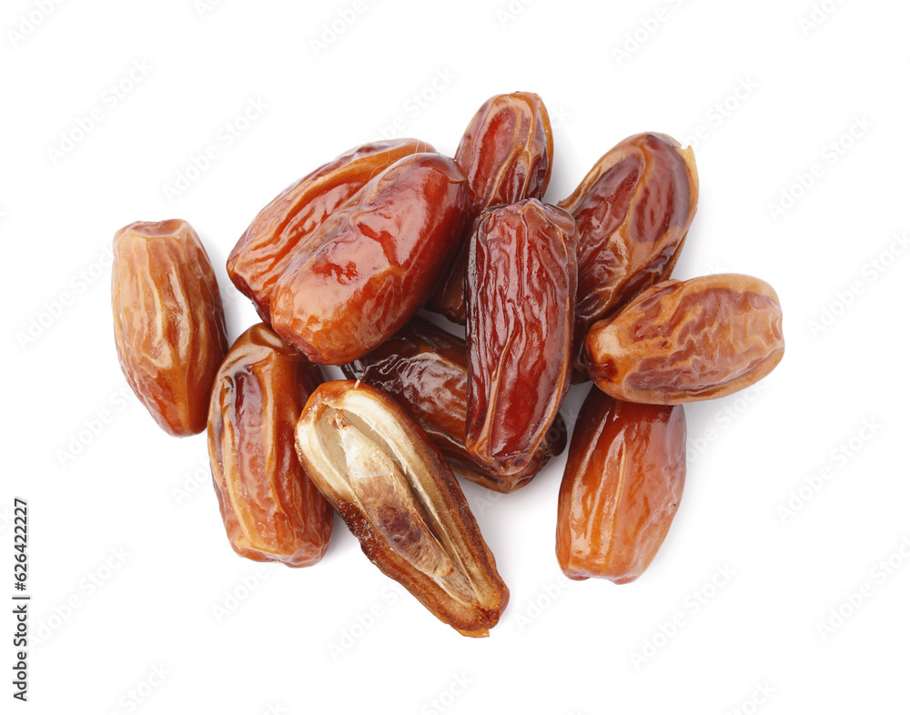 Heap of dried dates on white background