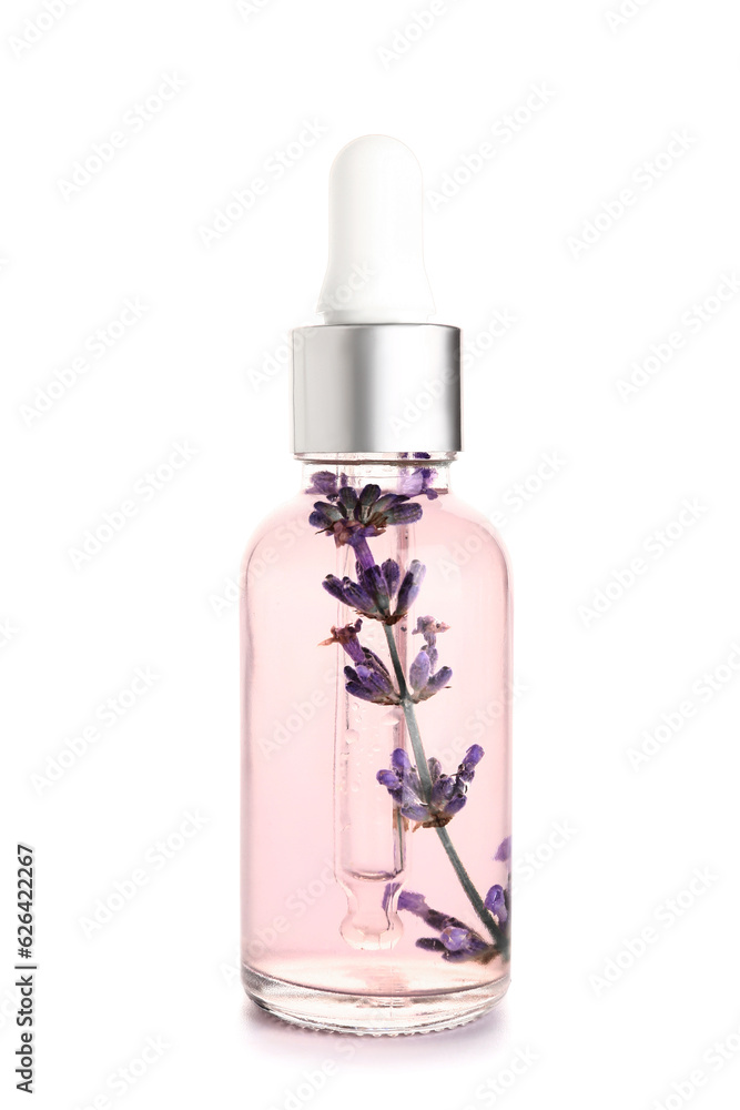 Bottle of lavender essential oil isolated on white background