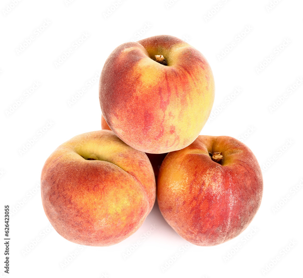 Sweet peaches on white background