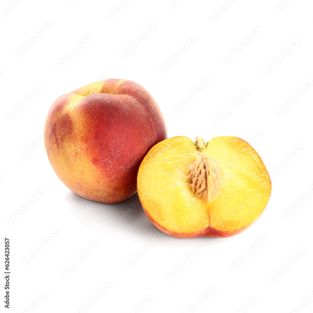 Sweet peaches on white background