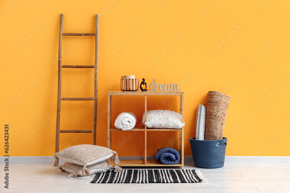 Ladder, shelving unit and striped rug near orange wall