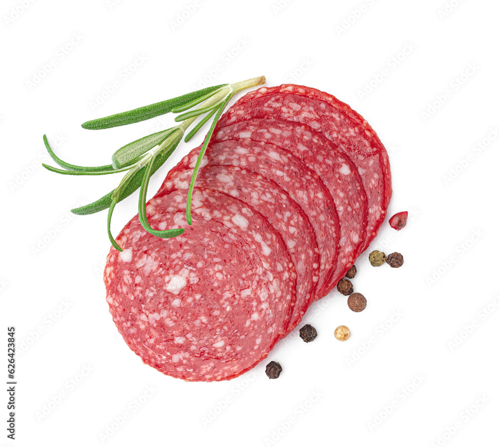 Slices of tasty salami isolated on white background