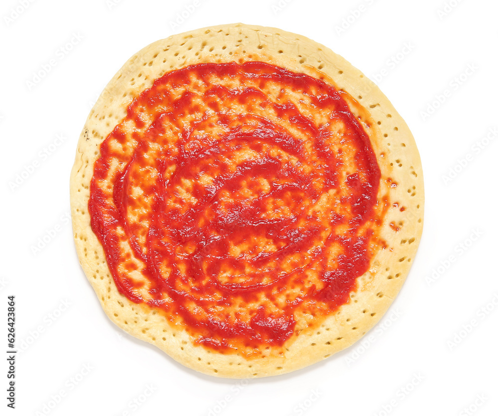 Pizza crust with tomato sauce on white background