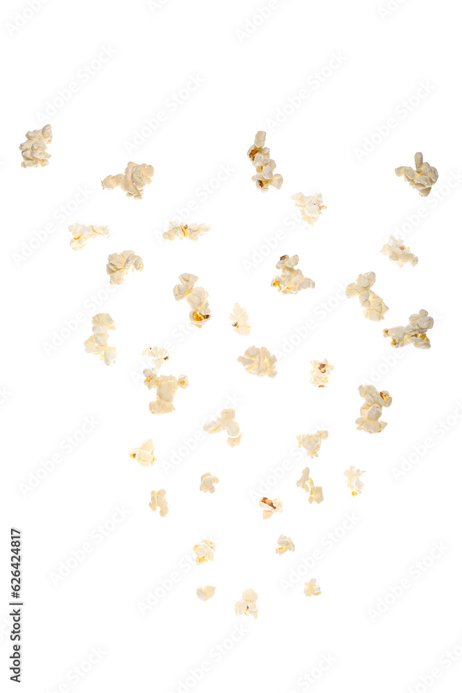 Flying tasty popcorn on white background