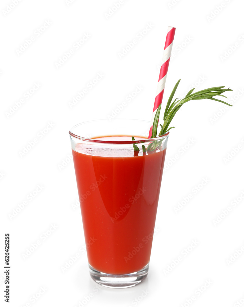 Glass of tasty tomato juice isolated on white background