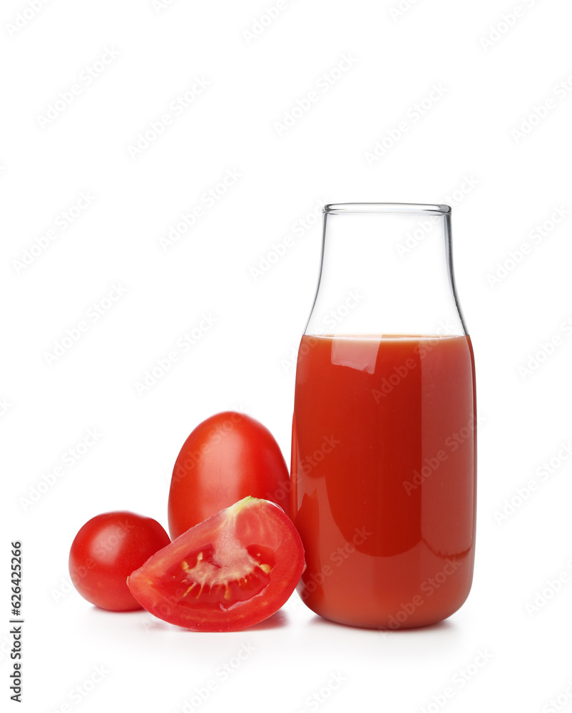 Bottle of tasty tomato juice isolated on white background