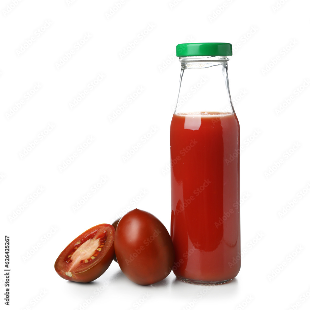 Bottle of tasty tomato juice isolated on white background