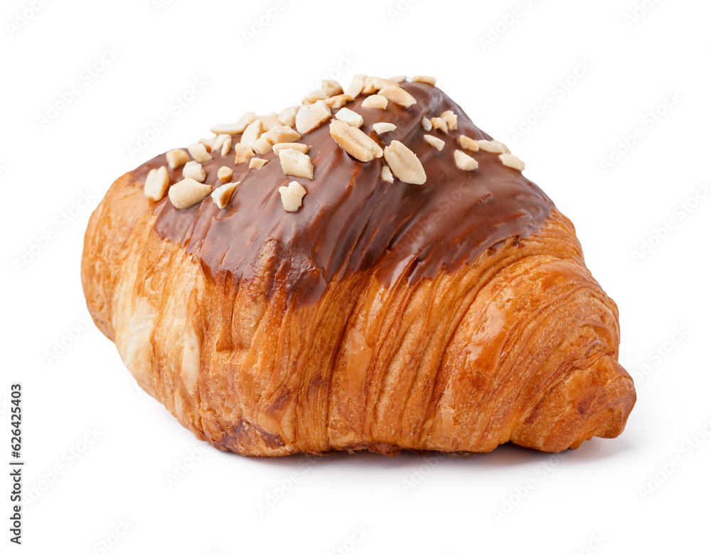 Tasty sweet croissant with chocolate and nuts isolated on white background