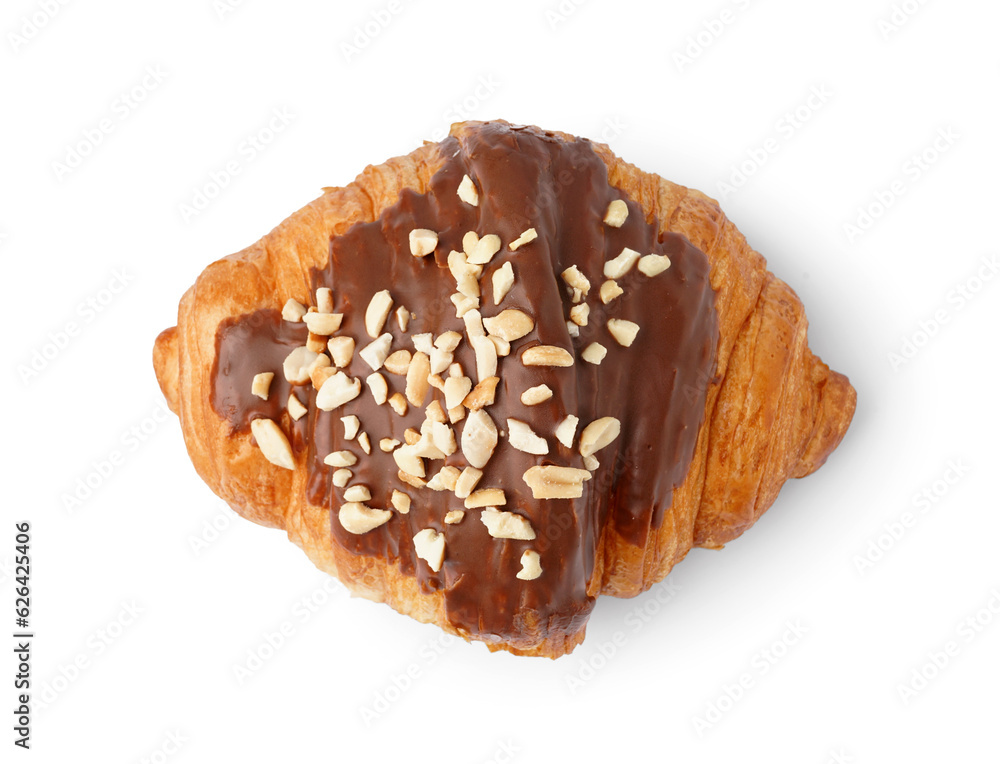 Tasty sweet croissant with chocolate and nuts isolated on white background