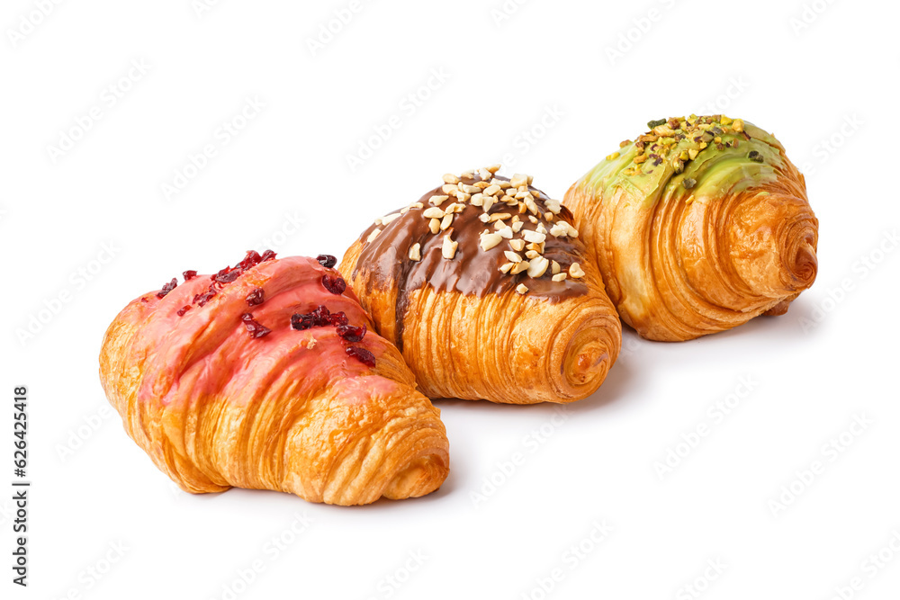 Tasty sweet croissants isolated on white background