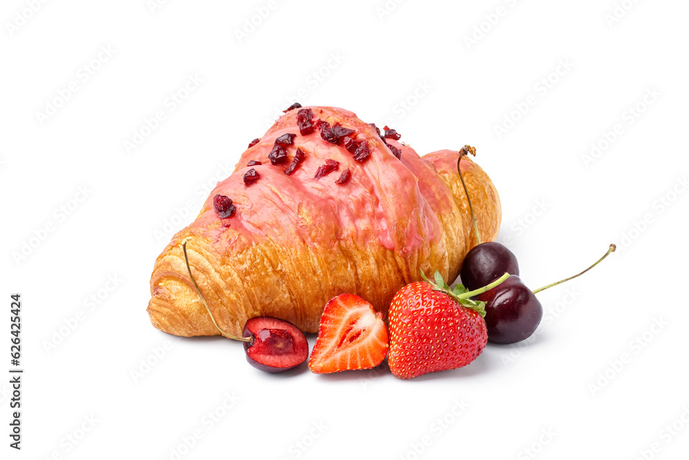 Tasty sweet croissant with berries isolated on white background