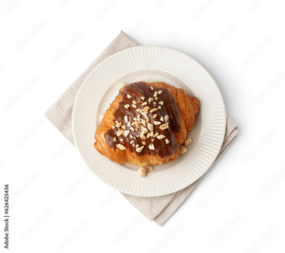 Plate of tasty sweet croissant with chocolate and nuts isolated on white background