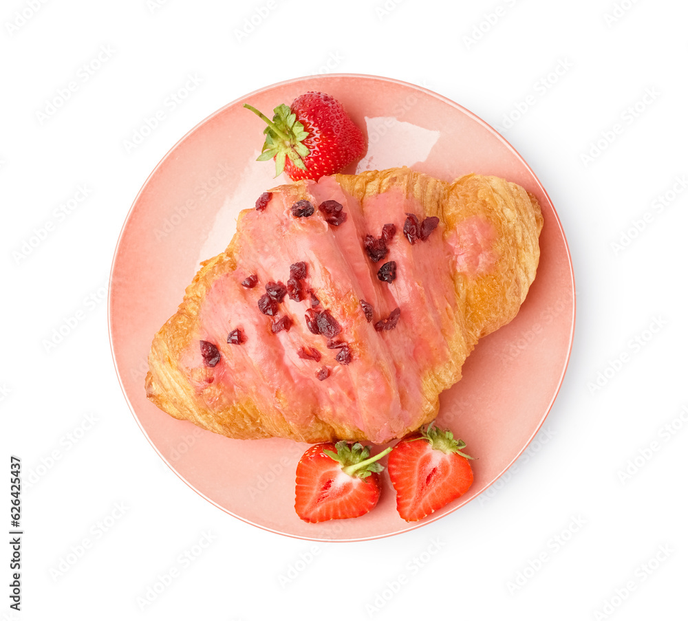 Plate of tasty sweet croissant isolated on white background