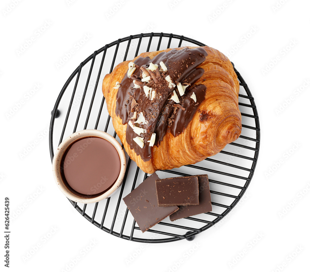 Grid of tasty sweet croissant with chocolate and nuts isolated on white background