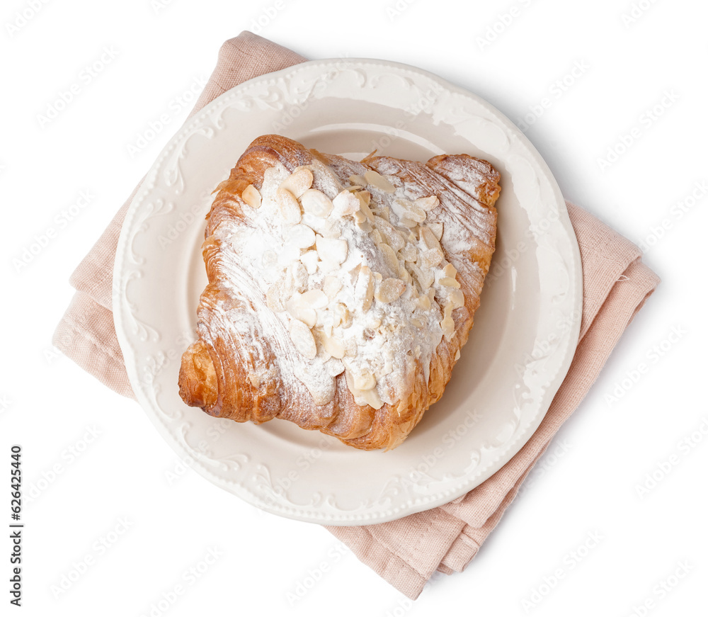 Plate of tasty sweet croissant isolated on white background