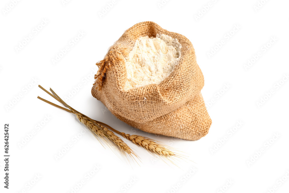 Sack bag with flour and wheat ears on white background