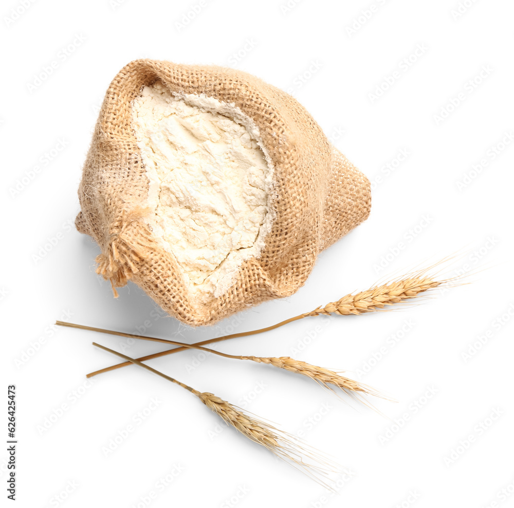 Sack bag with flour and wheat ears on white background