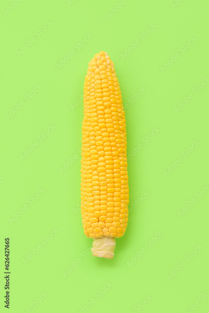 Fresh corn cob on green background