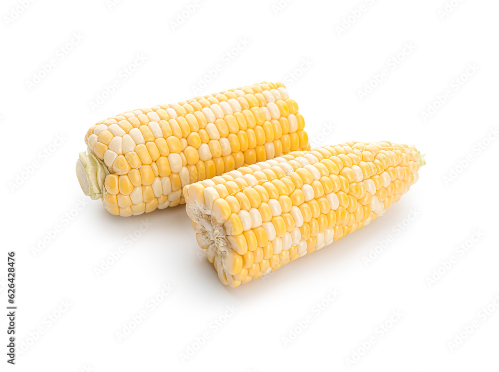 Halves of fresh corn cob on white background