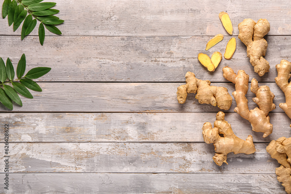 Fresh ginger roots and leaves on grey wooden background