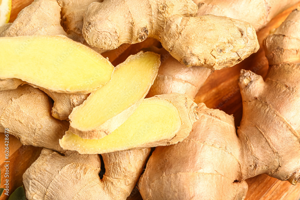 Texture of fresh ginger roots, closeup