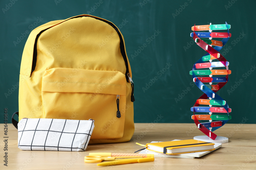 Backpack with school stationery and DNA model on table near green chalkboard