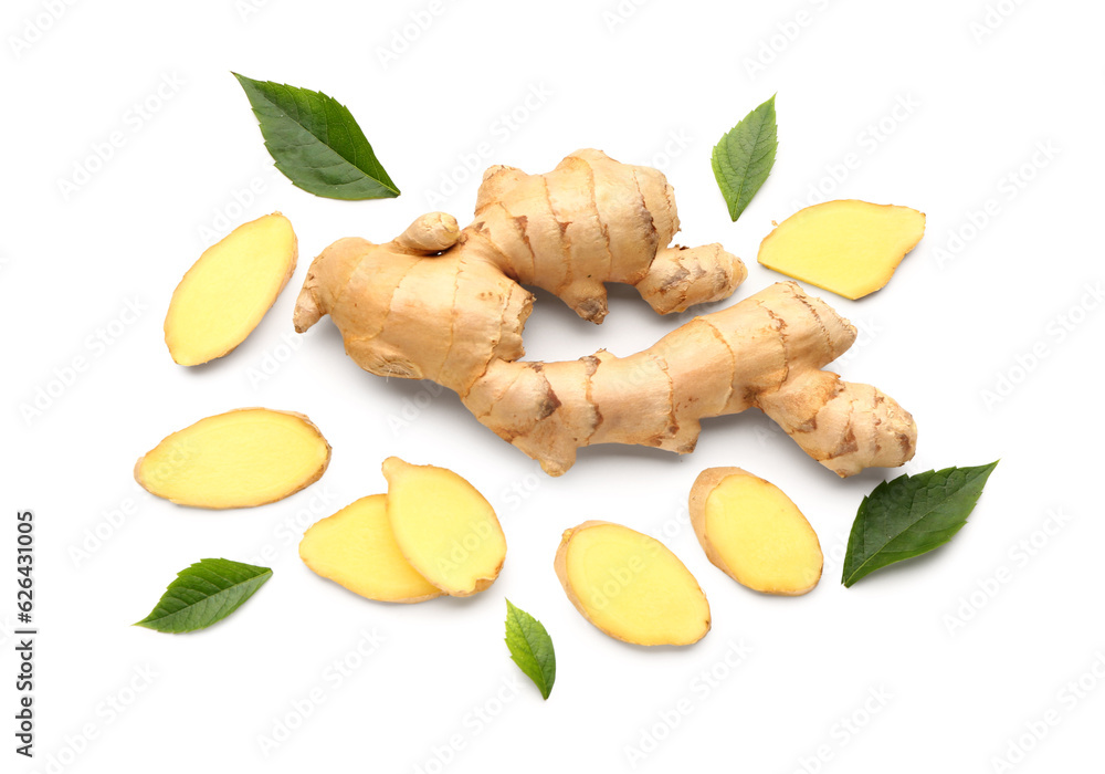 Fresh ginger root and leaves on white background