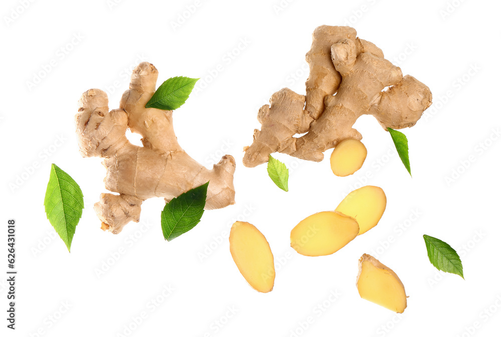 Flying fresh ginger roots and leaves on white background