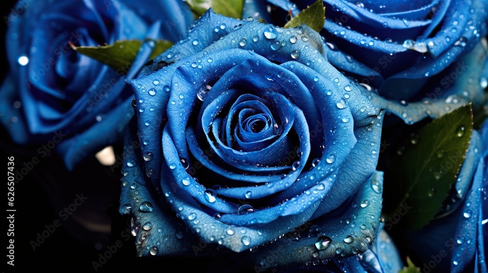 Blue Roses flowers with water drops background. Closeup of blossom with glistening droplets. Generat