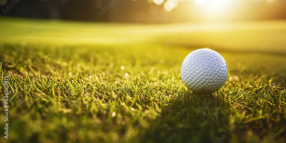 Close-up of golf ball on green grass of golf course, sunny day, blurred backdrop. Generative AI