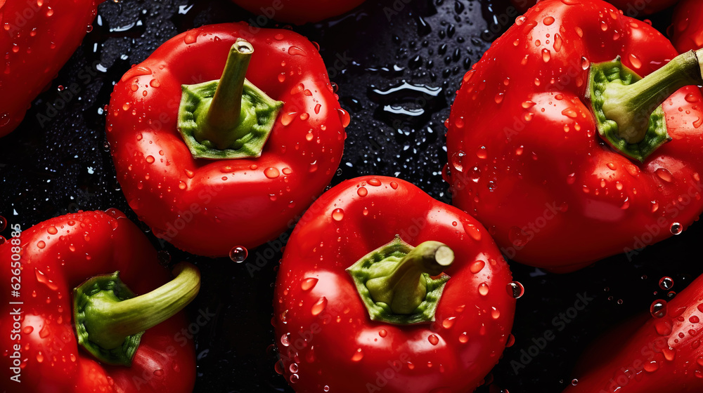 Fresh red bell peppers with water drops background. Vegetables backdrop. Generative AI