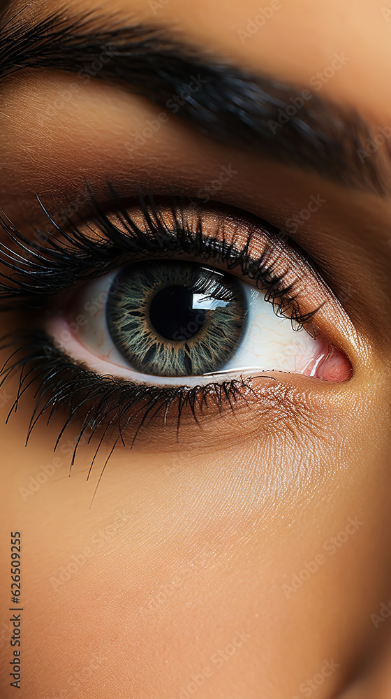 Close-up of a womans eye with dramatic lashes, black eyeline and professional makeup. Generative AI