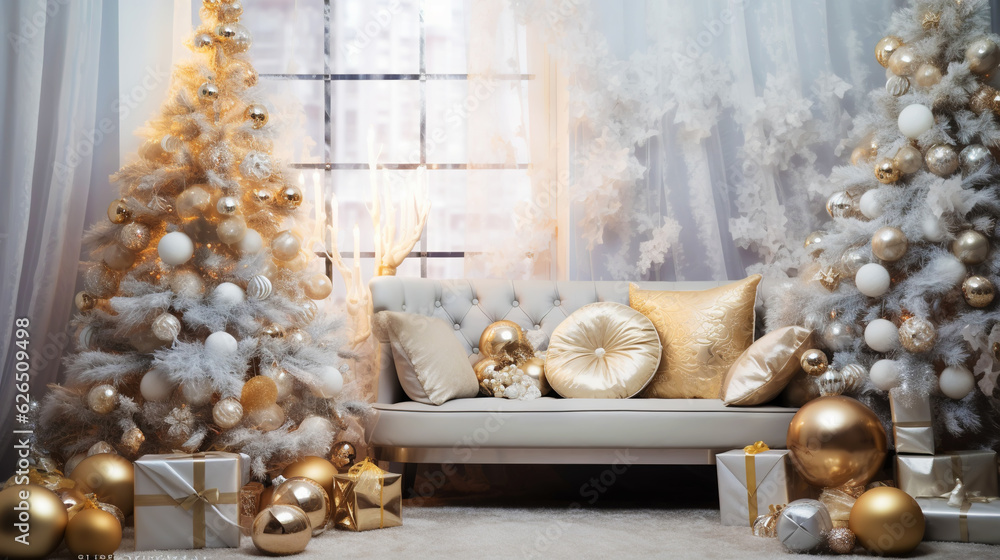 Modern shiny creative Christmas backdrop. Golden festive New Year background. Generative AI