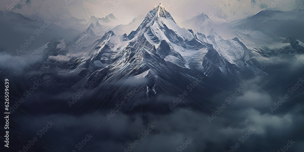 Dramatic snow-capped mountains landscape. Clouds and fog covers stone slopes. Generative AI