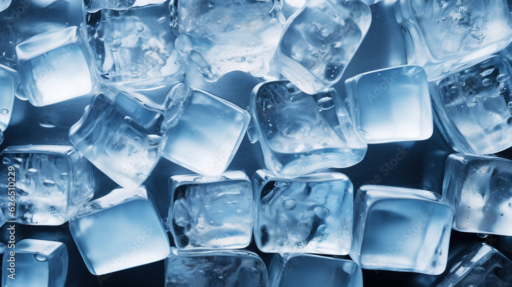 Ice cubes bluish background. Frozen water. Cold fresh concept. Generative AI