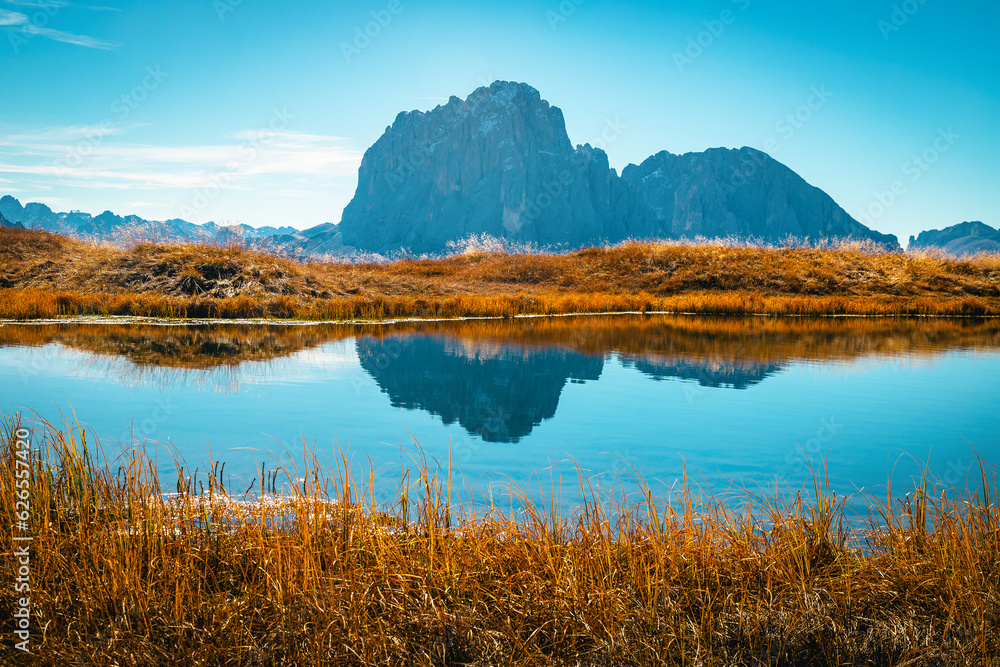 Clean lake in the Puez-Odle mountain group, Dolomites, Italy