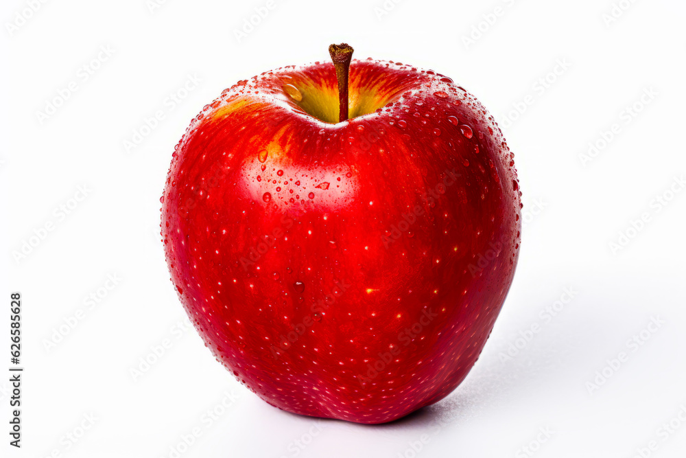 Red apple with water droplets on the top of it, on white background.