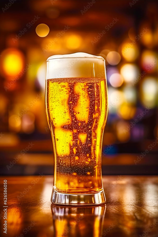 Glass of beer on table with blurry lights in the background.